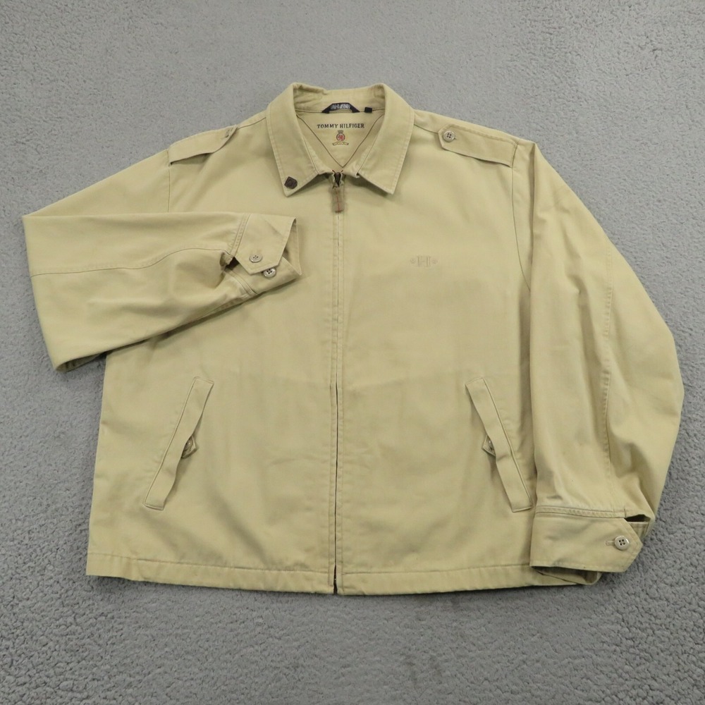 Vintage Tommy Hilfiger Khaki Bomber Jacket Mens XL Chin Strap Harrington Zip